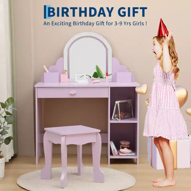 Toeletta per Bambini con Specchio Illuminato e Sgabello, con Cassetto e Ripiani Aperti, Toeletta 2 in 1 per Bambine di 3-9 Anni