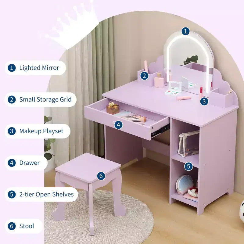 Toeletta per Bambini con Specchio Illuminato e Sgabello, con Cassetto e Ripiani Aperti, Toeletta 2 in 1 per Bambine di 3-9 Anni
