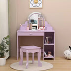 Toeletta per Bambini con Specchio Illuminato e Sgabello, con Cassetto e Ripiani Aperti, Toeletta 2 in 1 per Bambine di 3-9 Anni