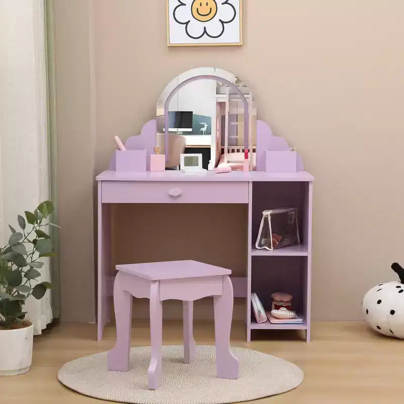 Toeletta per Bambini con Specchio Illuminato e Sgabello, con Cassetto e Ripiani Aperti, Toeletta 2 in 1 per Bambine di 3-9 Anni