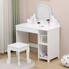 Toeletta per Bambini con Specchio Illuminato e Sgabello, con Cassetto e Ripiani Aperti, Toeletta 2 in 1 per Bambine di 3-9 Anni