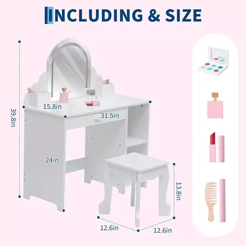 Toeletta per Bambini con Specchio Illuminato e Sgabello, con Cassetto e Ripiani Aperti, Toeletta 2 in 1 per Bambine di 3-9 Anni