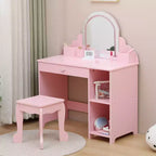 Toeletta per Bambini con Specchio Illuminato e Sgabello, con Cassetto e Ripiani Aperti, Toeletta 2 in 1 per Bambine di 3-9 Anni