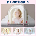 Toeletta per Bambini con Specchio Illuminato e Sgabello, con Cassetto e Ripiani Aperti, Toeletta 2 in 1 per Bambine di 3-9 Anni