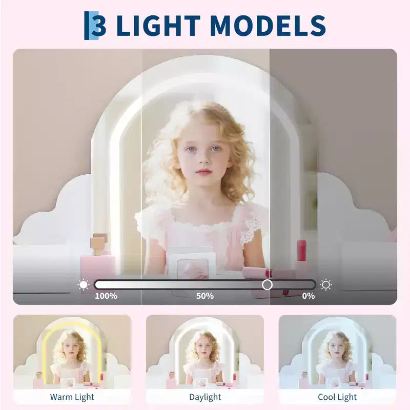 Toeletta per Bambini con Specchio Illuminato e Sgabello, con Cassetto e Ripiani Aperti, Toeletta 2 in 1 per Bambine di 3-9 Anni