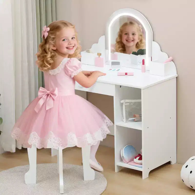 Toeletta per Bambini con Specchio Illuminato e Sgabello, con Cassetto e Ripiani Aperti, Toeletta 2 in 1 per Bambine di 3-9 Anni