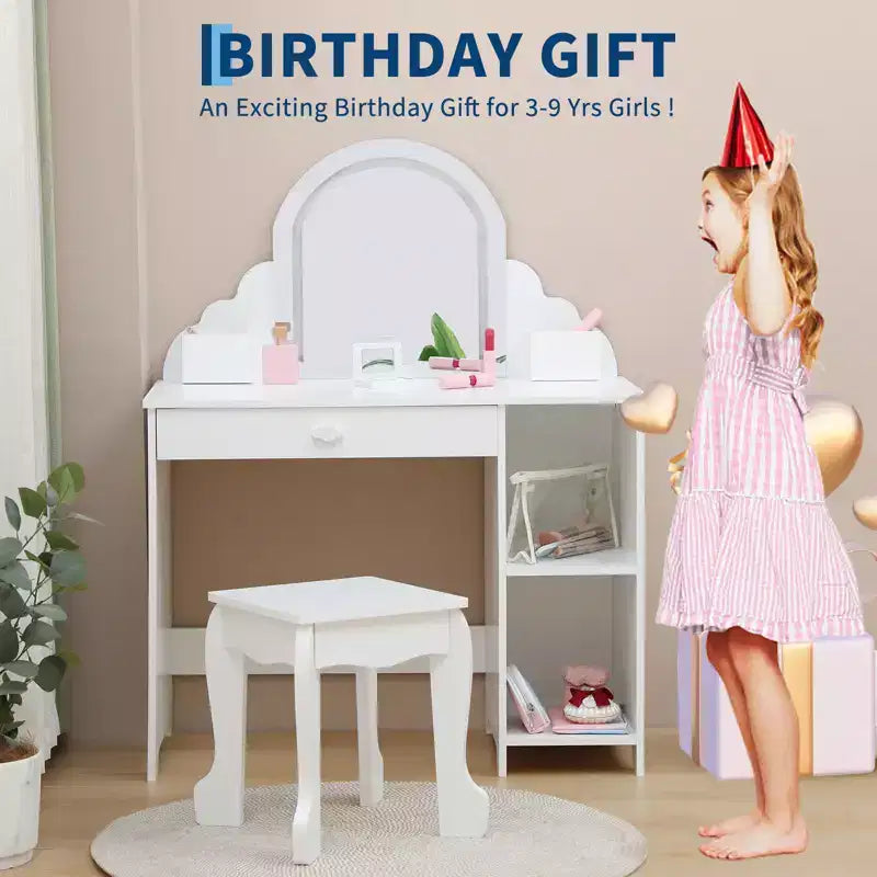 Toeletta per Bambini con Specchio Illuminato e Sgabello, con Cassetto e Ripiani Aperti, Toeletta 2 in 1 per Bambine di 3-9 Anni
