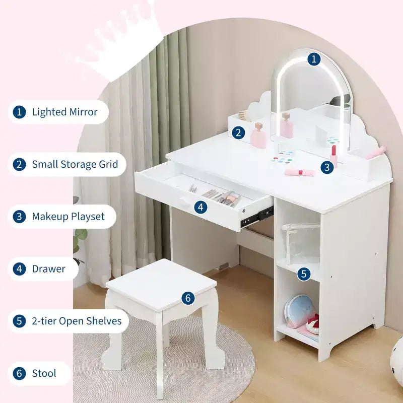 Toeletta per Bambini con Specchio Illuminato e Sgabello, con Cassetto e Ripiani Aperti, Toeletta 2 in 1 per Bambine di 3-9 Anni