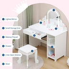Toeletta per Bambini con Specchio Illuminato e Sgabello, con Cassetto e Ripiani Aperti, Toeletta 2 in 1 per Bambine di 3-9 Anni