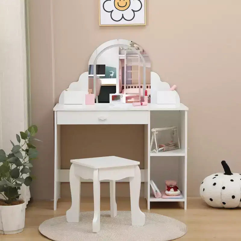 Toeletta per Bambini con Specchio Illuminato e Sgabello, con Cassetto e Ripiani Aperti, Toeletta 2 in 1 per Bambine di 3-9 Anni