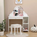 Toeletta per Bambini con Specchio Illuminato e Sgabello, con Cassetto e Ripiani Aperti, Toeletta 2 in 1 per Bambine di 3-9 Anni