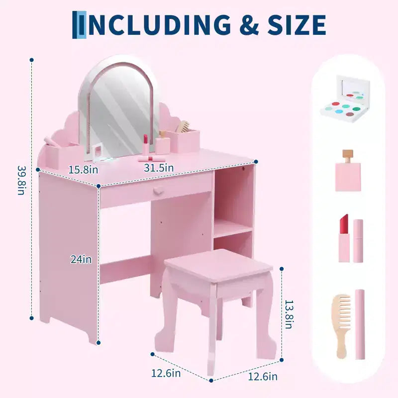 Toeletta per Bambini con Specchio Illuminato e Sgabello, con Cassetto e Ripiani Aperti, Toeletta 2 in 1 per Bambine di 3-9 Anni