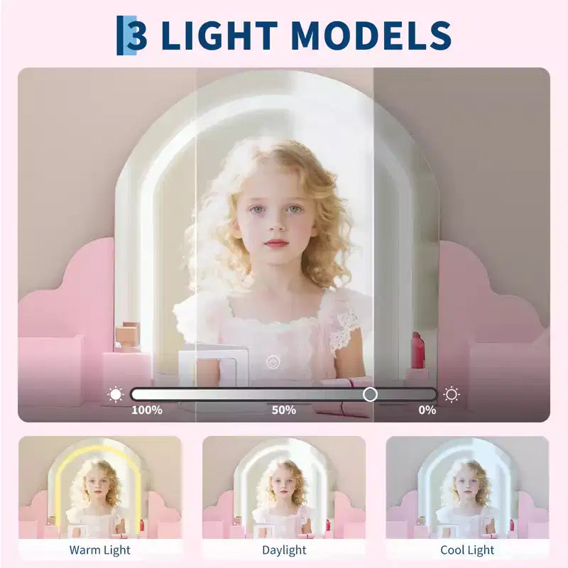 Toeletta per Bambini con Specchio Illuminato e Sgabello, con Cassetto e Ripiani Aperti, Toeletta 2 in 1 per Bambine di 3-9 Anni