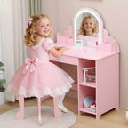 Toeletta per Bambini con Specchio Illuminato e Sgabello, con Cassetto e Ripiani Aperti, Toeletta 2 in 1 per Bambine di 3-9 Anni