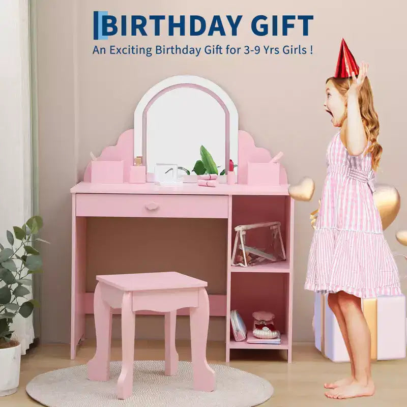 Toeletta per Bambini con Specchio Illuminato e Sgabello, con Cassetto e Ripiani Aperti, Toeletta 2 in 1 per Bambine di 3-9 Anni