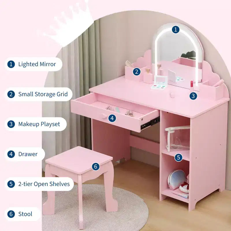 Toeletta per Bambini con Specchio Illuminato e Sgabello, con Cassetto e Ripiani Aperti, Toeletta 2 in 1 per Bambine di 3-9 Anni