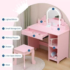 Toeletta per Bambini con Specchio Illuminato e Sgabello, con Cassetto e Ripiani Aperti, Toeletta 2 in 1 per Bambine di 3-9 Anni
