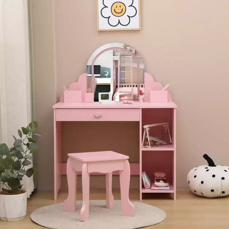 Toeletta per Bambini con Specchio Illuminato e Sgabello, con Cassetto e Ripiani Aperti, Toeletta 2 in 1 per Bambine di 3-9 Anni