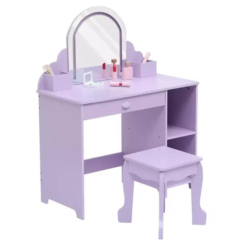 Toeletta per Bambini con Specchio Illuminato e Sgabello, con Cassetto e Ripiani Aperti, Toeletta 2 in 1 per Bambine di 3-9 Anni