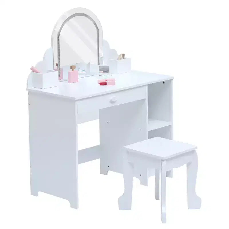 Toeletta per Bambini con Specchio Illuminato e Sgabello, con Cassetto e Ripiani Aperti, Toeletta 2 in 1 per Bambine di 3-9 Anni