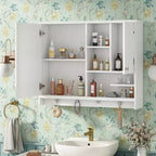 Mobiletto pensile da bagno Okak, Mobiletto dei medicinali con specchio e ripiani regolabili, 1 anta e ganci portasciugamani, Organizzatore per bagno