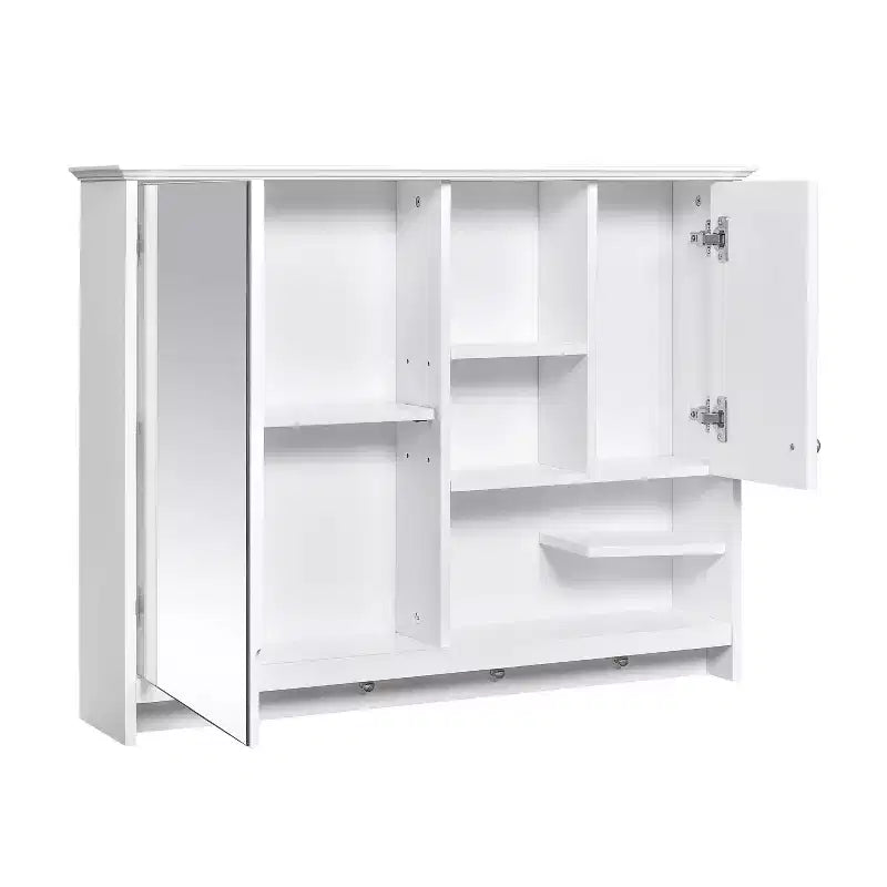 Mobiletto pensile da bagno Okak, Mobiletto dei medicinali con specchio e ripiani regolabili, 1 anta e ganci portasciugamani, Organizzatore per bagno