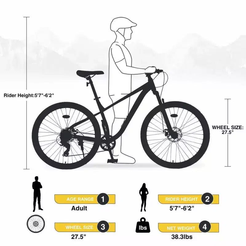 NAYSAYE Bicicletta Mountain Bike da 27,5 Pollici a 8 Velocità con Sospensione Anteriore e Telaio in Acciaio per Avventure su Tutti i Terreni, Gialla, 68.5*27.1*40.55
