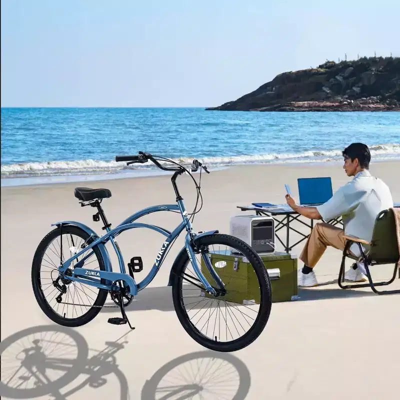 NAYSAYE Bicicletta Beach Cruiser da donna a 7 velocità, telaio in acciaio da 26 pollici per comode passeggiate in città, blu, 69.96*28.32*43.2
