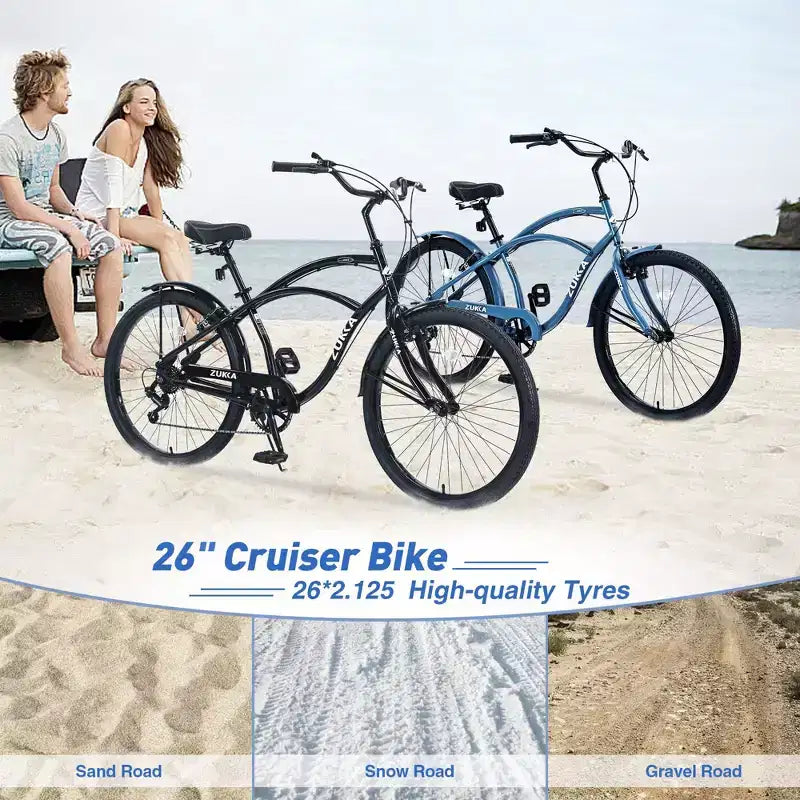 NAYSAYE Bicicletta Beach Cruiser da donna a 7 velocità, telaio in acciaio da 26 pollici per comode passeggiate in città, blu, 69.96*28.32*43.2