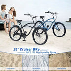 NAYSAYE Bicicletta Beach Cruiser da donna a 7 velocità, telaio in acciaio da 26 pollici per comode passeggiate in città, blu, 69.96*28.32*43.2