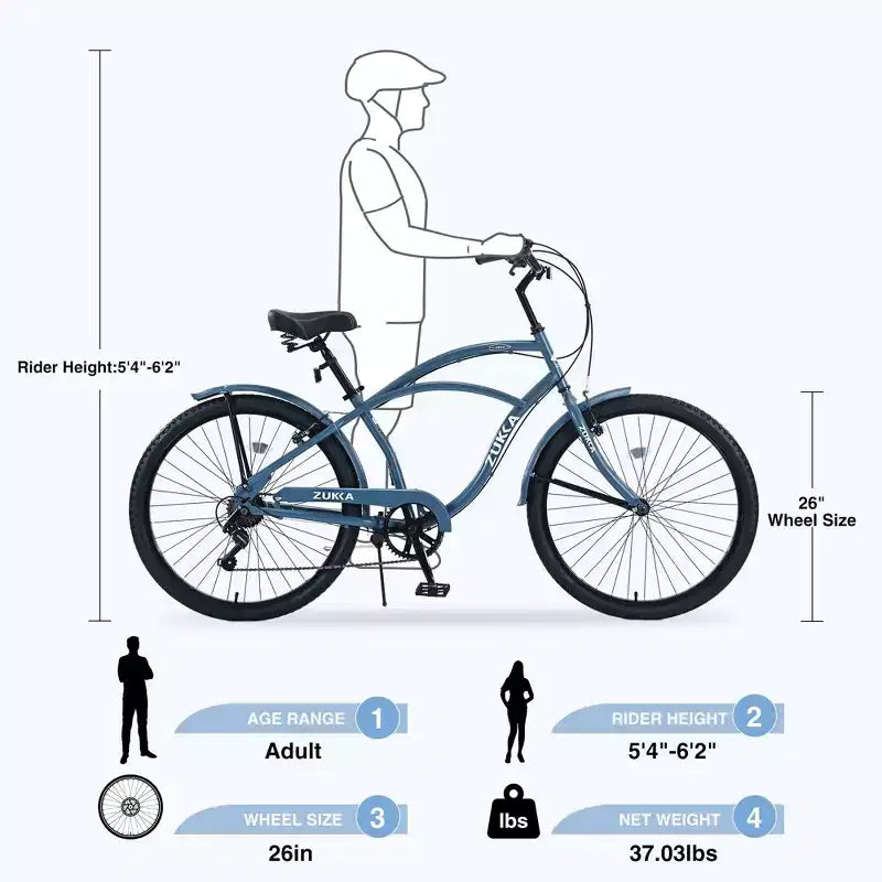 NAYSAYE Bicicletta Beach Cruiser da donna a 7 velocità, telaio in acciaio da 26 pollici per comode passeggiate in città, blu, 69.96*28.32*43.2