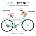 NAYSAYE Bicicletta da donna pieghevole a velocità singola da 26 pollici, telaio in acciaio resistente per un facile rimessaggio e pendolarismo, verde, 66,93*25,2*40,95