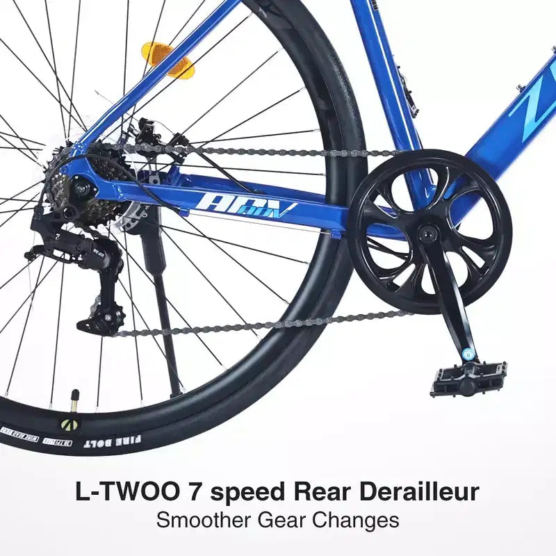 Bicicletta ibrida da strada NAYSAYE 700C per adulti, bici da pendolare da corsa leggera con telaio in alluminio a 7 velocità per viaggi in città, blu, 68,5*18,8*39