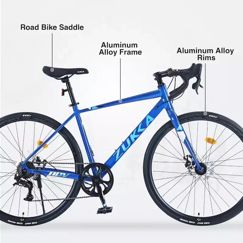 Bicicletta ibrida da strada NAYSAYE 700C per adulti, bici da pendolare da corsa leggera con telaio in alluminio a 7 velocità per viaggi in città, blu, 68,5*18,8*39