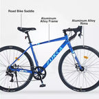Bicicletta ibrida da strada NAYSAYE 700C per adulti, bici da pendolare da corsa leggera con telaio in alluminio a 7 velocità per viaggi in città, blu, 68,5*18,8*39