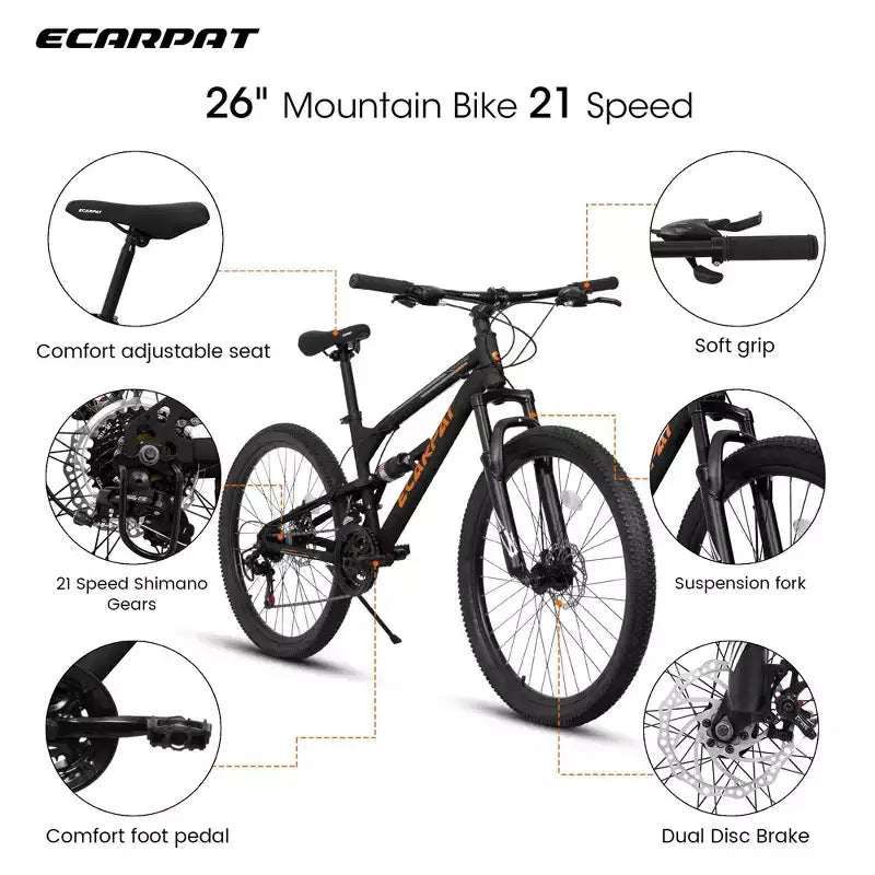 NAYSAYE Bicicletta 26 Pollici Telaio in Acciaio 21 Velocità Mountain Bike con Doppia Sospensione Bici per Adulti per Ciclismo all'aperto, Nero, 67*25*40