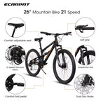 NAYSAYE Bicicletta 26 Pollici Telaio in Acciaio 21 Velocità Mountain Bike con Doppia Sospensione Bici per Adulti per Ciclismo all'aperto, Nero, 67*25*40