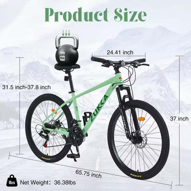 NAYSAYE Bicicletta da montagna da 26 pollici, 3X8/24 velocità, MTB con telaio in acciaio, forcella ammortizzata anteriore, per uomini, donne, studenti, verde, 65,75*24,41*37
