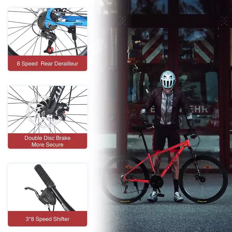 NAYSAYE Bicycle Mountain Bike 24 Speed Steel Frame with Suspension Fork for Adults, Red, 65.75*24.41*37