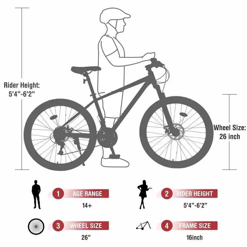 NAYSAYE Bicycle Mountain Bike 24 Speed Steel Frame with Suspension Fork for Adults, Red, 65.75*24.41*37