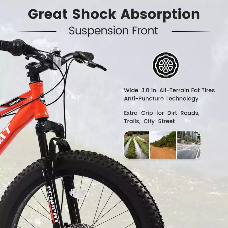 NAYSAYE Bicicletta Mountain Bike con Pneumatici Fat da 24 Pollici con Cambio a 7 Velocità, Doppio Freno a Disco per Adulti e Ragazzi, Arancione, 67*25*40