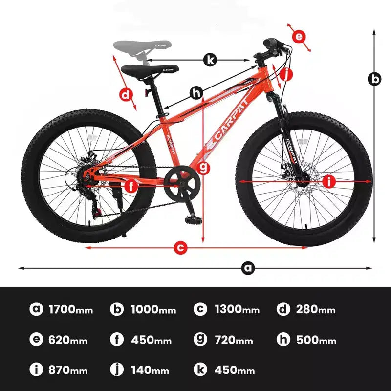NAYSAYE Bicicletta Mountain Bike con Pneumatici Fat da 24 Pollici con Cambio a 7 Velocità, Doppio Freno a Disco per Adulti e Ragazzi, Arancione, 67*25*40