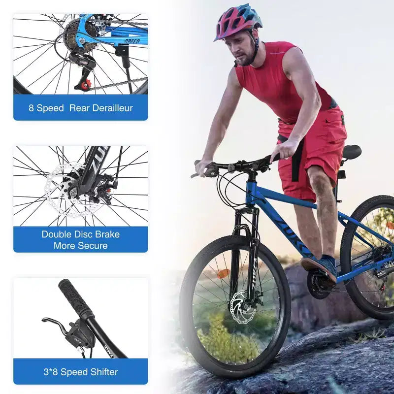 Bicicletta da montagna NAYSAYE da 26 pollici, telaio in acciaio, 24 velocità, forcella ammortizzata, bici per adulti per avventure all'aperto, blu, 65,75*24,41*37