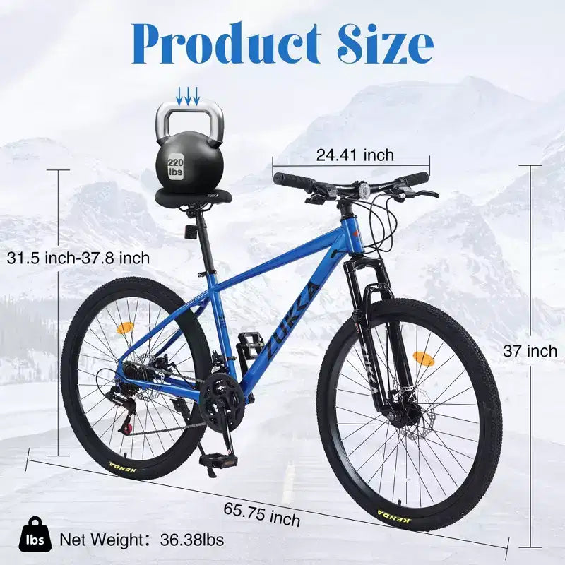 Bicicletta da montagna NAYSAYE da 26 pollici, telaio in acciaio, 24 velocità, forcella ammortizzata, bici per adulti per avventure all'aperto, blu, 65,75*24,41*37
