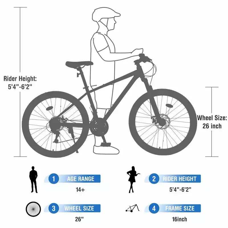 Bicicletta da montagna NAYSAYE da 26 pollici, telaio in acciaio, 24 velocità, forcella ammortizzata, bici per adulti per avventure all'aperto, blu, 65,75*24,41*37