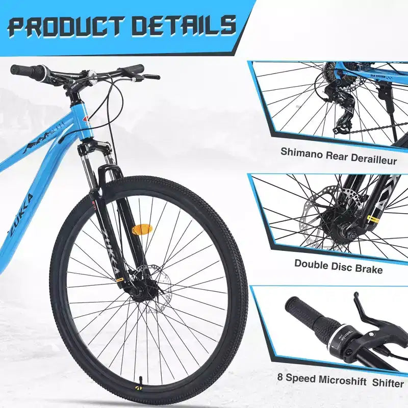 Bici Mountain Bike NAYSAYE da 29 pollici, 8 velocità, telaio in acciaio con sospensione anteriore per adulti e ragazzi, blu, 70,8*27,1*41,7