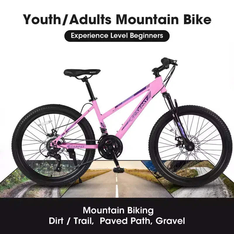 NAYSAYE Bicicletta Mountain Bike da 24 pollici con cambio a 21 velocità, doppi freni a disco per adolescenti e donne, rosa, 66*24.8*35