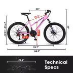 NAYSAYE Bicicletta Mountain Bike da 24 pollici con cambio a 21 velocità, doppi freni a disco per adolescenti e donne, rosa, 66*24.8*35