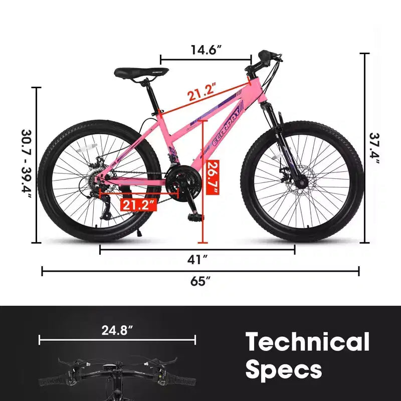 Bicicletta NAYSAYE Mountain Bike da 26 pollici con cambio a 21 velocità Freni a doppio disco per adolescenti e donne, rosa, 65*24.8*37.4