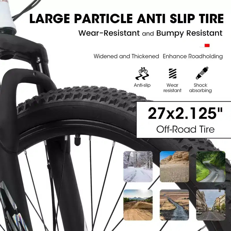 NAYSAYE Bicicletta da montagna da 27 pollici con cambio a 21 velocità, forcella ammortizzata e freni a disco per uomo e donna, bianco, 53,54*7,68*28,35